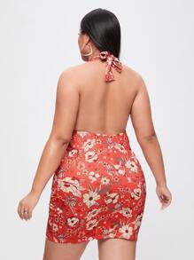 Đầm Plus Size Lộ Lưng Buộc lại Hoa Tất cả trên in Gợi cảm - Đỏ - Xem 2