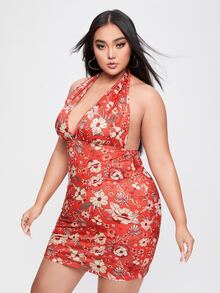 Đầm Plus Size Lộ Lưng Buộc lại Hoa Tất cả trên in Gợi cảm - Đỏ - Xem 3