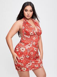 Đầm Plus Size Lộ Lưng Buộc lại Hoa Tất cả trên in Gợi cảm - Đỏ - Xem 4
