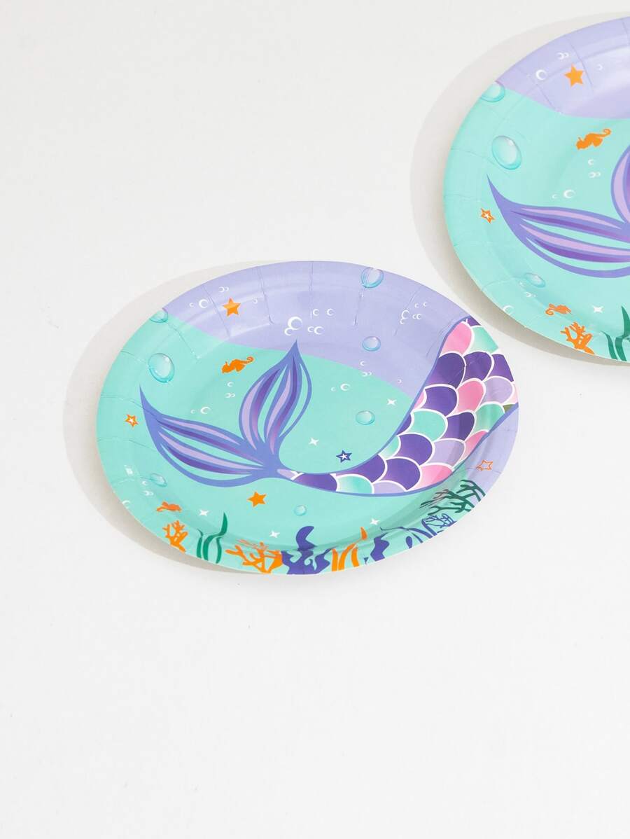 10pcs Mermaid Pattern Disposable Plate, Cartoon Paper Plate For Party Birthday Holiday - Multicolor - View 1