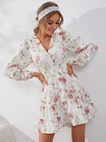 Mulvari 印花燈籠袖交叉領荷葉邊連衣裙 - 白色 - 查看 1