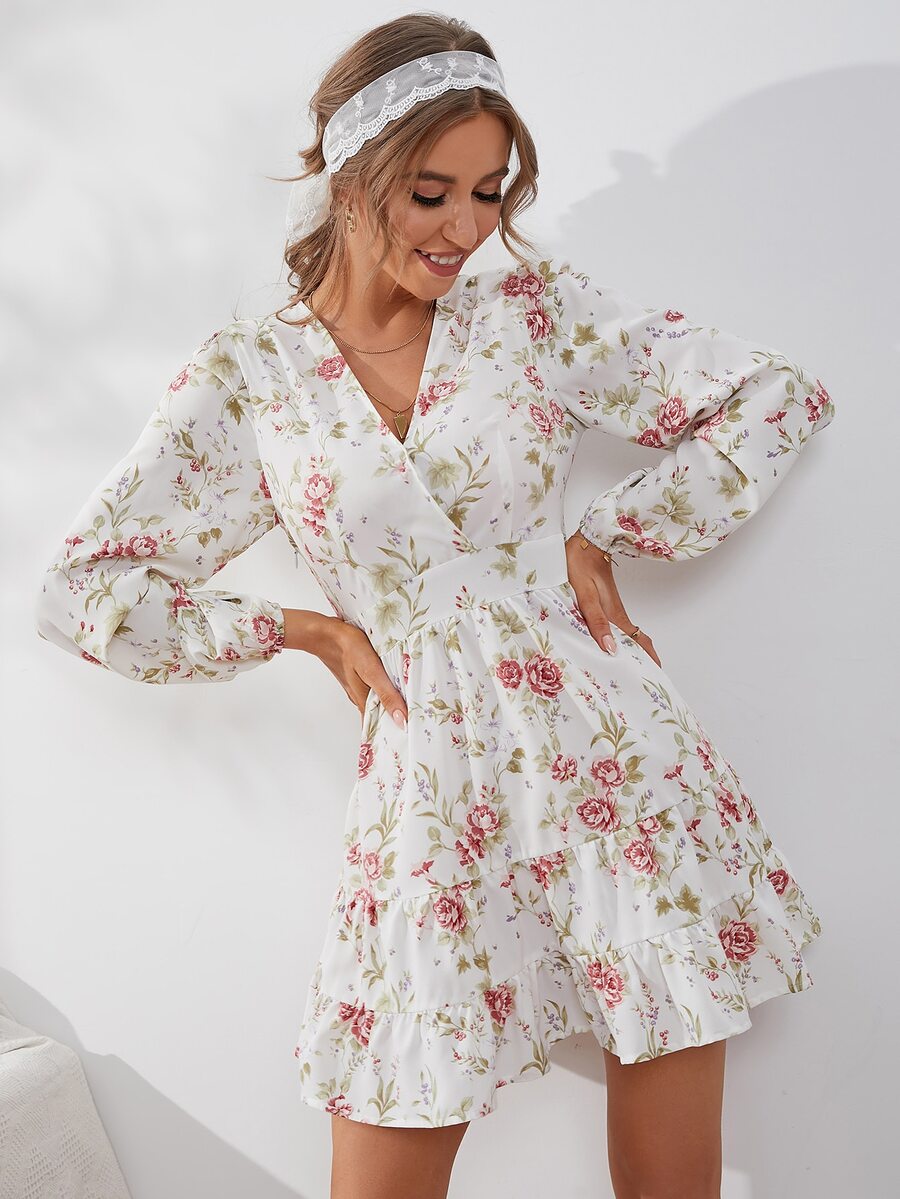 Mulvari 印花燈籠袖交叉領荷葉邊連衣裙 - 白色 - 查看 1