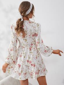 Mulvari 印花燈籠袖交叉領荷葉邊連衣裙 - 白色 - 查看 2