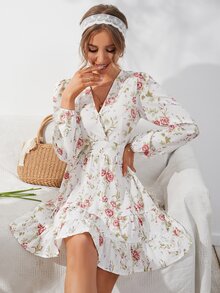 Mulvari 印花燈籠袖交叉領荷葉邊連衣裙 - 白色 - 查看 3