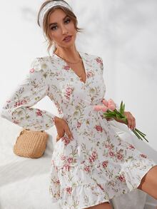 Mulvari 印花燈籠袖交叉領荷葉邊連衣裙 - 白色 - 查看 4