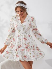 Mulvari 印花燈籠袖交叉領荷葉邊連衣裙 - 白色 - 查看 5