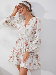 Mulvari 印花燈籠袖交叉領荷葉邊連衣裙 - 白色 - 查看 6