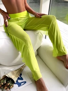 Ruffle Trim Cover Up Pants, For Summer Beach Vacation - Lime Green - View 2