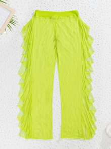 Ruffle Trim Cover Up Pants, For Summer Beach Vacation - Lime Green - View 3
