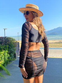 3packs Solid Ruched Bikini & Beach Skirt