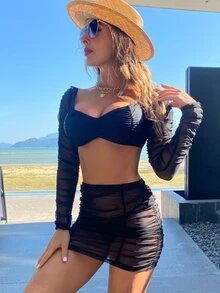 3packs Solid Ruched Bikini & Beach Skirt