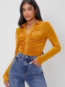 SHEIN Áo thun nữ Xù Nút phía trước màu trơn Thanh lịch - Màu Mù tạt vàng - Xem 1