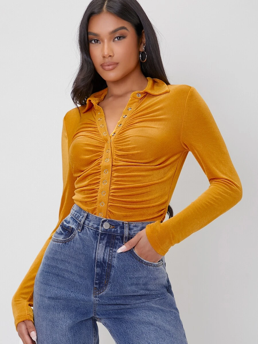 SHEIN Áo thun nữ Xù Nút phía trước màu trơn Thanh lịch - Màu Mù tạt vàng - Xem 1