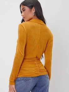 SHEIN Áo thun nữ Xù Nút phía trước màu trơn Thanh lịch - Màu Mù tạt vàng - Xem 2