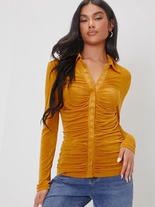 SHEIN Áo thun nữ Xù Nút phía trước màu trơn Thanh lịch - Màu Mù tạt vàng - Xem 3