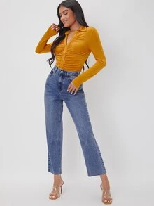 SHEIN Áo thun nữ Xù Nút phía trước màu trơn Thanh lịch - Màu Mù tạt vàng - Xem 5