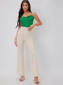 SHEIN Unity Áo hai dây viền lá sen Thắt nút Dải chun màu trơn Thanh lịch - màu xanh lá - Xem 4