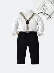 SHEIN 男小童領結前排扣襯衫和背帶褲 - 黑與白 - 查看 2