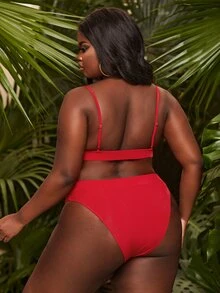 Plus Size Solid Triangle Bikini Set Summer Beach - Red - View 2