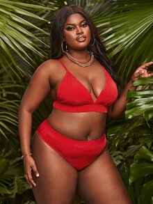 Plus Size Solid Triangle Bikini Set Summer Beach - Red - View 3