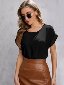 SHEIN LUNE Solid Rolled Sleeve Blouse - Black - View 1