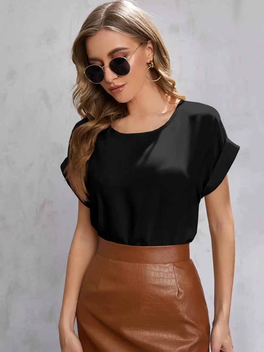 SHEIN LUNE Solid Rolled Sleeve Blouse - Black - View 1