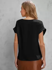 SHEIN LUNE Solid Rolled Sleeve Blouse - Black - View 2