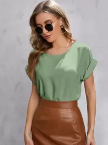 SHEIN LUNE Solid Rolled Sleeve Blouse - Mint Green - View 1