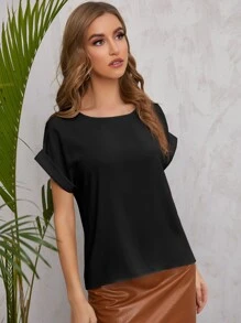 SHEIN LUNE Solid Rolled Sleeve Blouse - Black - View 3