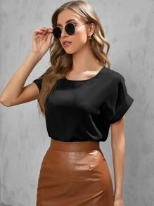 SHEIN LUNE Solid Rolled Sleeve Blouse - Black - View 4