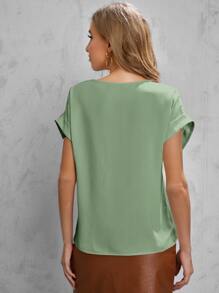 SHEIN LUNE Solid Rolled Sleeve Blouse - Mint Green - View 2