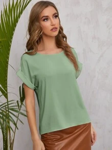 SHEIN LUNE Solid Rolled Sleeve Blouse - Mint Green - View 3