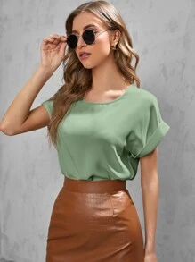 SHEIN LUNE Solid Rolled Sleeve Blouse - Mint Green - View 4
