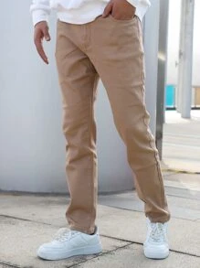 Men Zipper Fly Solid Tapered Jeans - Khaki - View 2