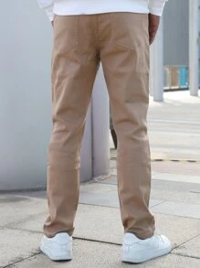 Men Zipper Fly Solid Tapered Jeans - Khaki - View 3