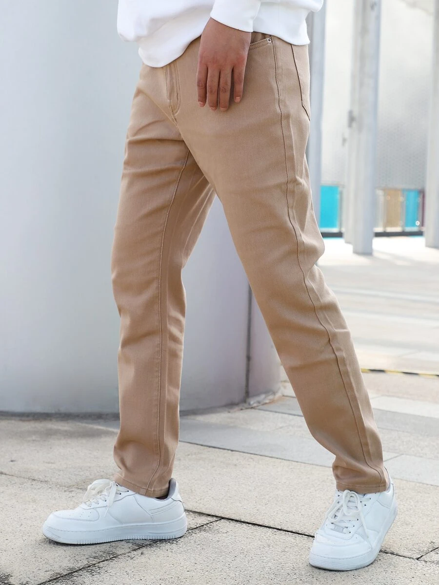 Men Zipper Fly Solid Tapered Jeans - Khaki - View 1