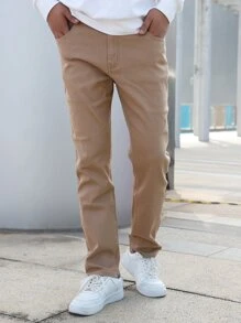 Men Zipper Fly Solid Tapered Jeans - Khaki - View 5