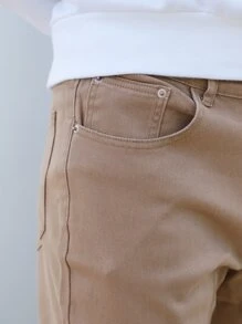 Men Zipper Fly Solid Tapered Jeans - Khaki - View 7