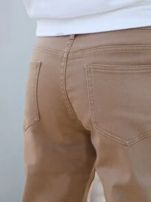 Men Zipper Fly Solid Tapered Jeans - Khaki - View 8