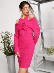 SHEIN 前扭結露肩上衣和連衣裙 - 玫紅色 - 查看 3