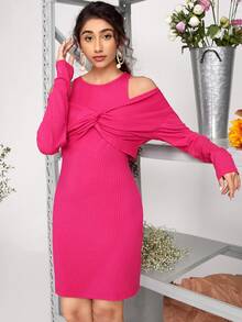 SHEIN 前扭結露肩上衣和連衣裙 - 玫紅色 - 查看 6