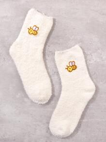 蜜蜂刺繡毛絨襪子 - 彩色 - 查看 1