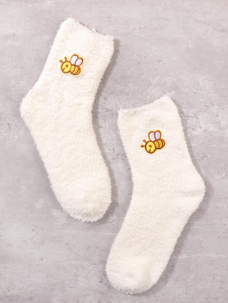 蜜蜂刺繡毛絨襪子 - 彩色 - 查看 1