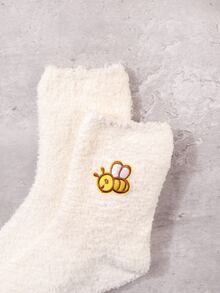 蜜蜂刺繡毛絨襪子 - 彩色 - 查看 2