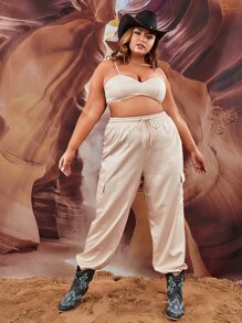 SHEIN ICON Plus Cami Top & Drawstring Waist Cargo Trousers - Beige - View 1