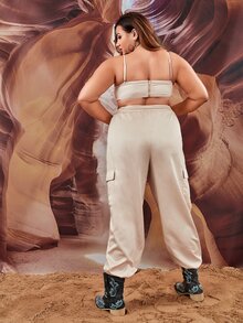 SHEIN ICON Plus Cami Top & Drawstring Waist Cargo Trousers - Beige - View 2