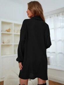 Mock Neck Waffle Knit Drop Shoulder Dress Without Belt - Black - View 2
