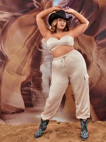 SHEIN ICON Plus Cami Top & Drawstring Waist Cargo Trousers - Beige - View 3