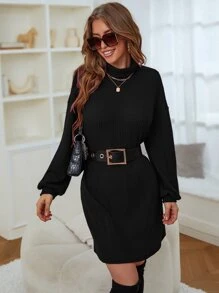 Mock Neck Waffle Knit Drop Shoulder Dress Without Belt - Black - View 6