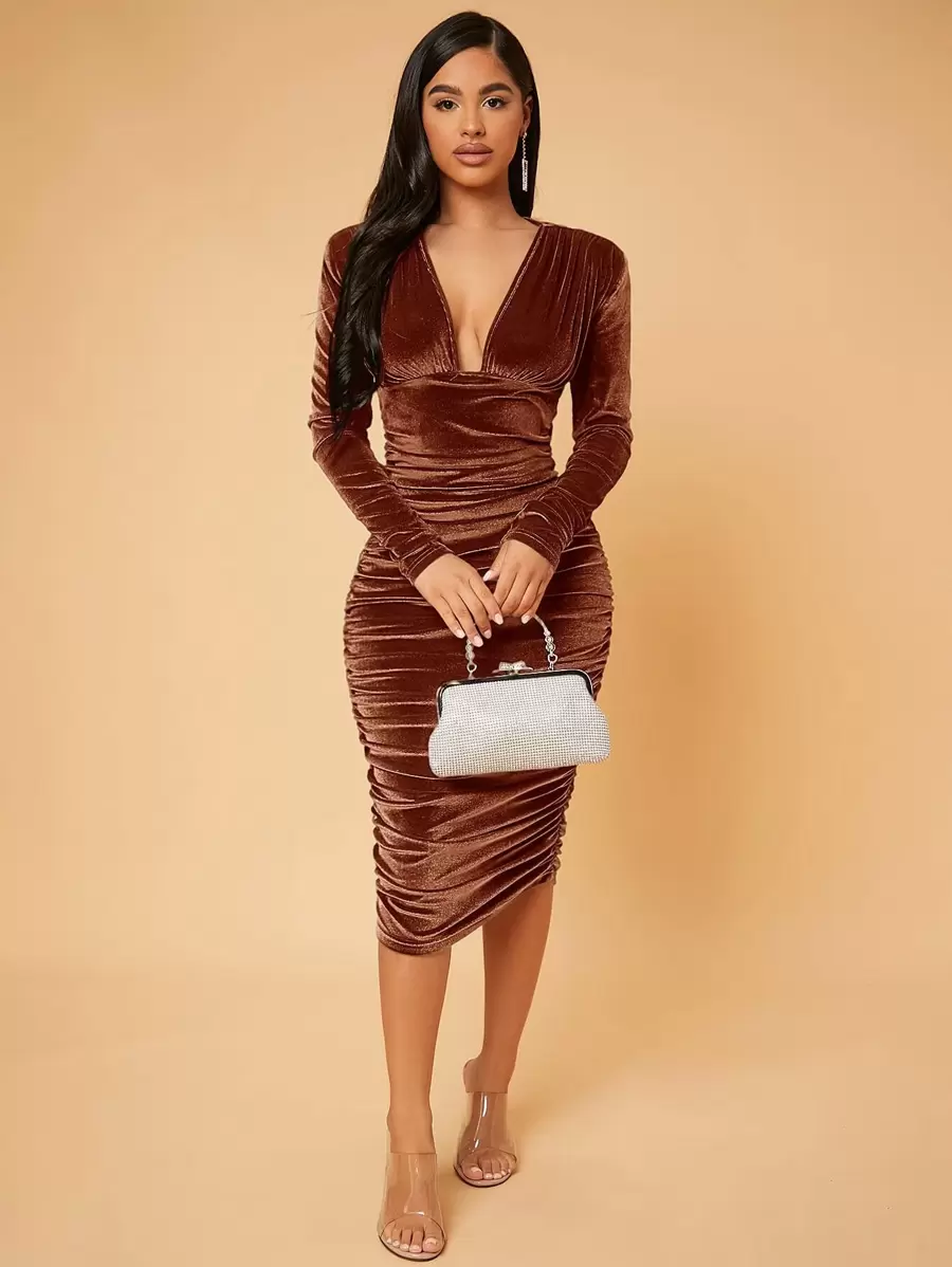 SHEIN SXY Deep V Neck Ruched Velvet Bodycon Dress - Brown - View 1